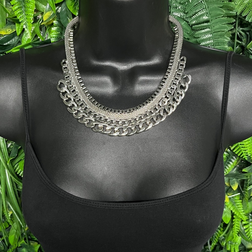 Multi Layered Necklace Silver Tone Chunky Chain Bib Statement Adjustable 3979